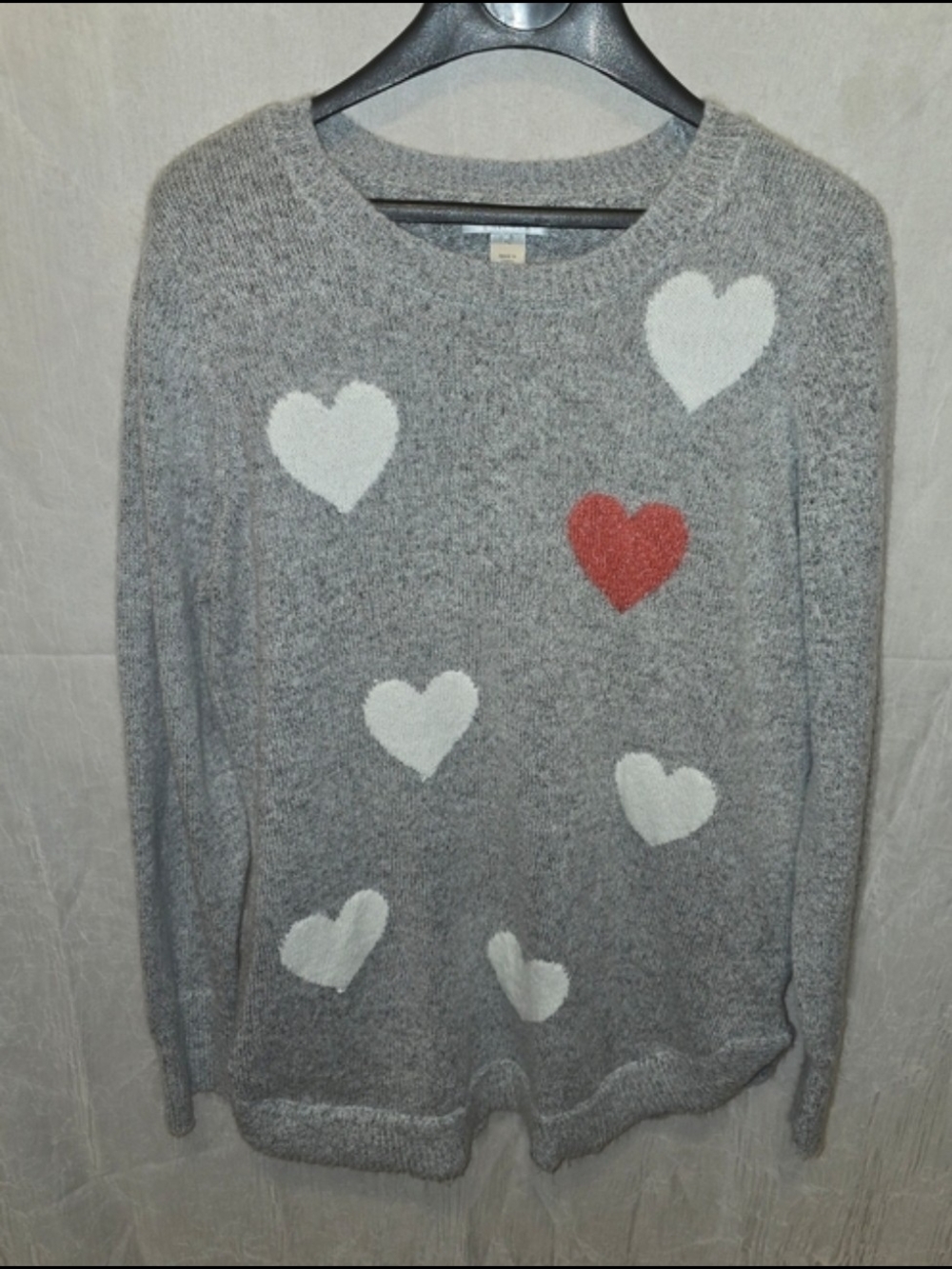 Christopher & Banks Grey Crewneck Sweater with White & Red Heart Motif